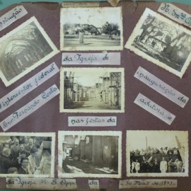 Foto da pagina de um álbum, com fotos da construção da Igreja de Nossa Senhora Aparecida, e inauguração da adutora e da Igreja com data de maio 1943